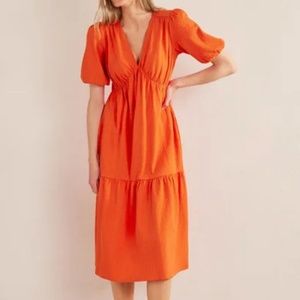 BODEN Seersucker Short Sleeve Midi Dress Orange V Neck Tiered Sz 16/18 New